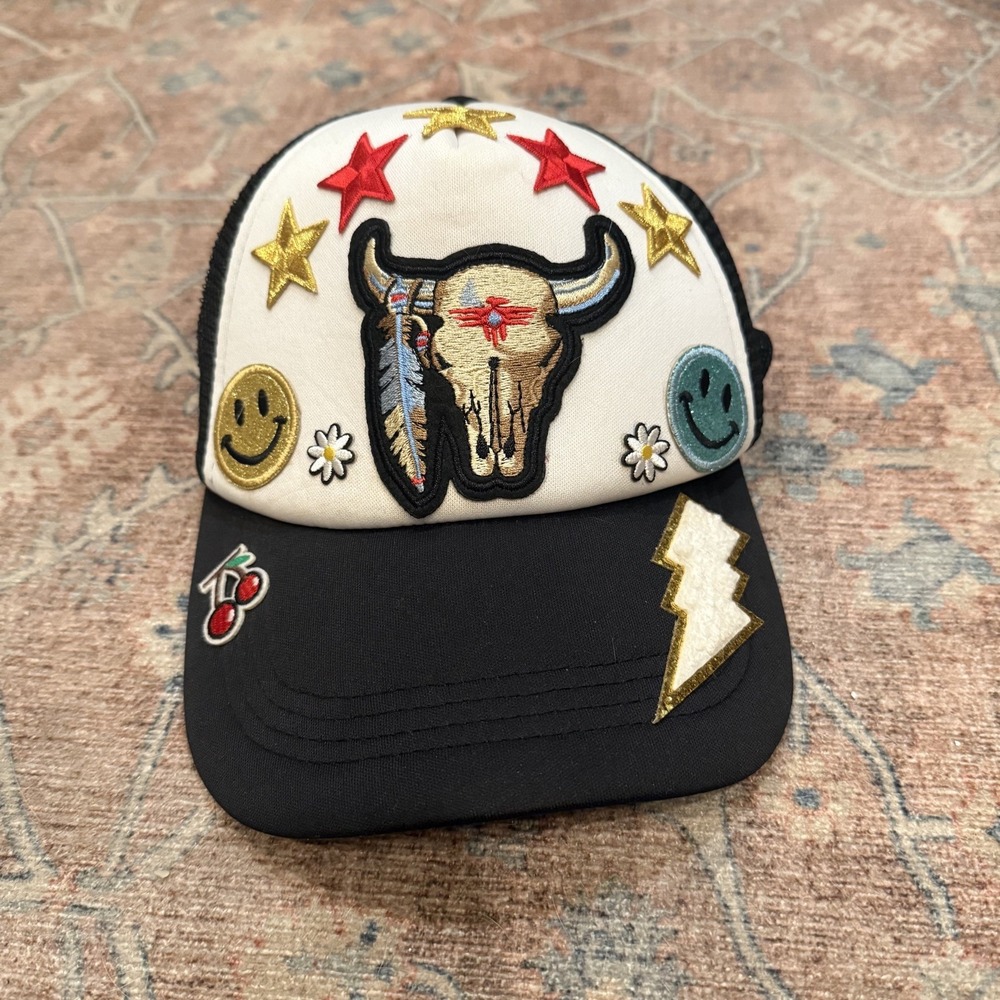 Embroidered Western Bull Patch Hat Foam Trucker Style Mesh Snapback Black White